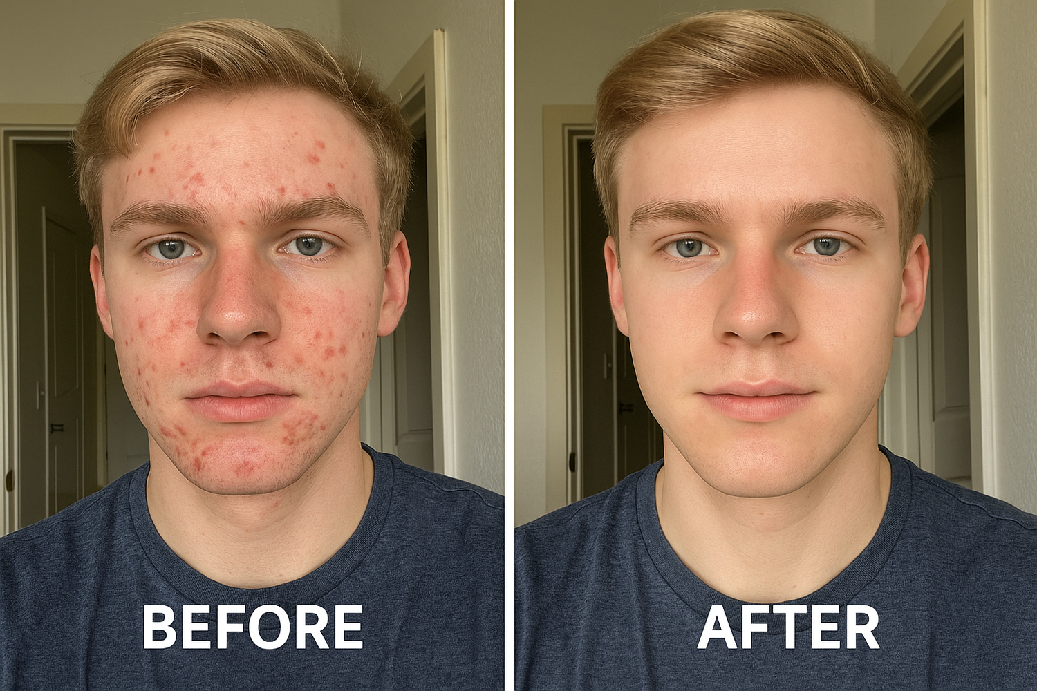 genere moi une photo d un homme blond de 20 ans avant et apres avoir utuliser mes paych anti boutons et fais on sorte que la photo est l air d avoire ete prise par son tel